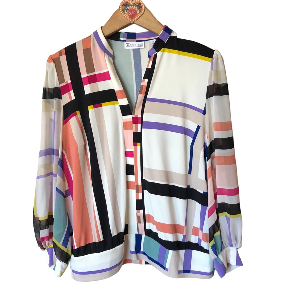NWT multi stripe pullover blouse with semi sheer sleeve M 7th Avenue